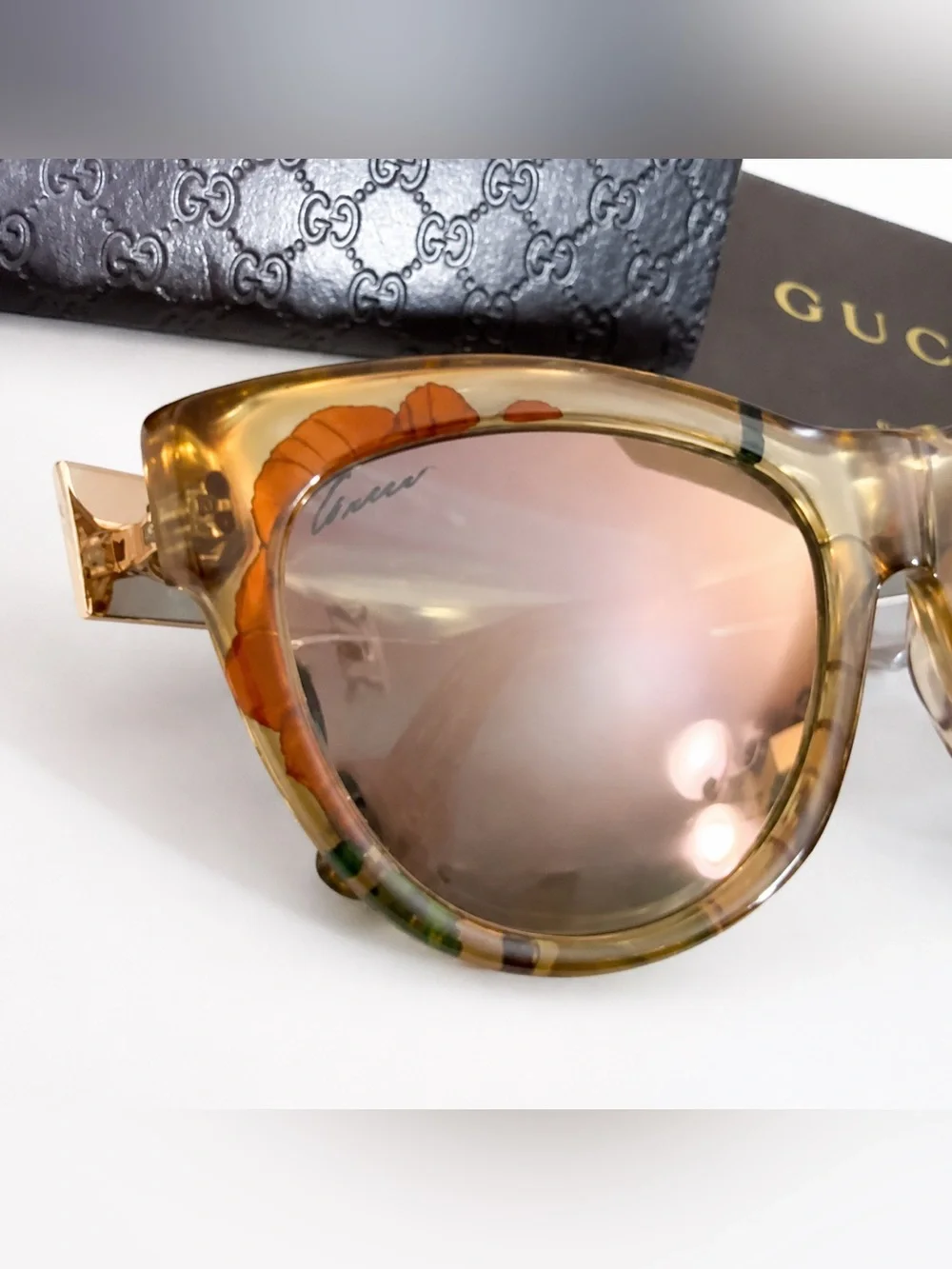 NEW Gucci Tortoiseshell Cat-Eye Sunglasses w/ Rose Gold mirrored Lenses GG373 S